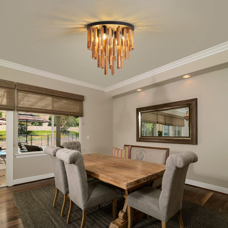 Plafonnier semi-encastré 5 lumières Lustre en bois rustique rétro chêne et noir avec culot E26