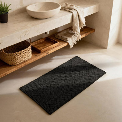 Black Bathroom Rug, Waffle Bath Mat Non-Slip Washable Super Absorbent Quick Dry, Boho Farmhouse Bathroom Decor 24"x48" Black
