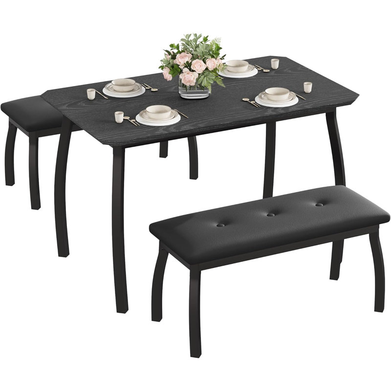 Ensemble de table de salle à manger pour 4 personnes, table de cuisine rectangulaire en bois avec 2 chaises rembourrées, ensemble de salle à manger de style campagne moderne pour les petits espaces, pour la cuisine et les petits espaces (noir)