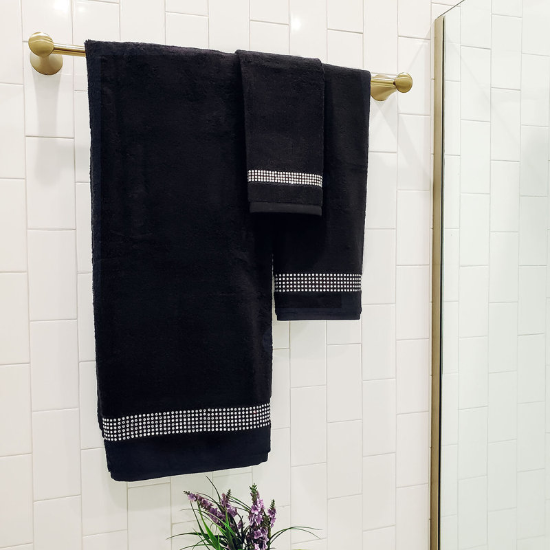 Sparkles Home | 3 Piece Cotton Towel Set | Rhinestone Stripe | Elegant Bathroom Decor, Black