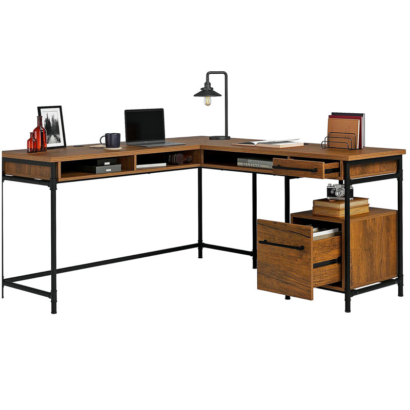Bureau en L avec bureau épais de 1 pouce, finition brune