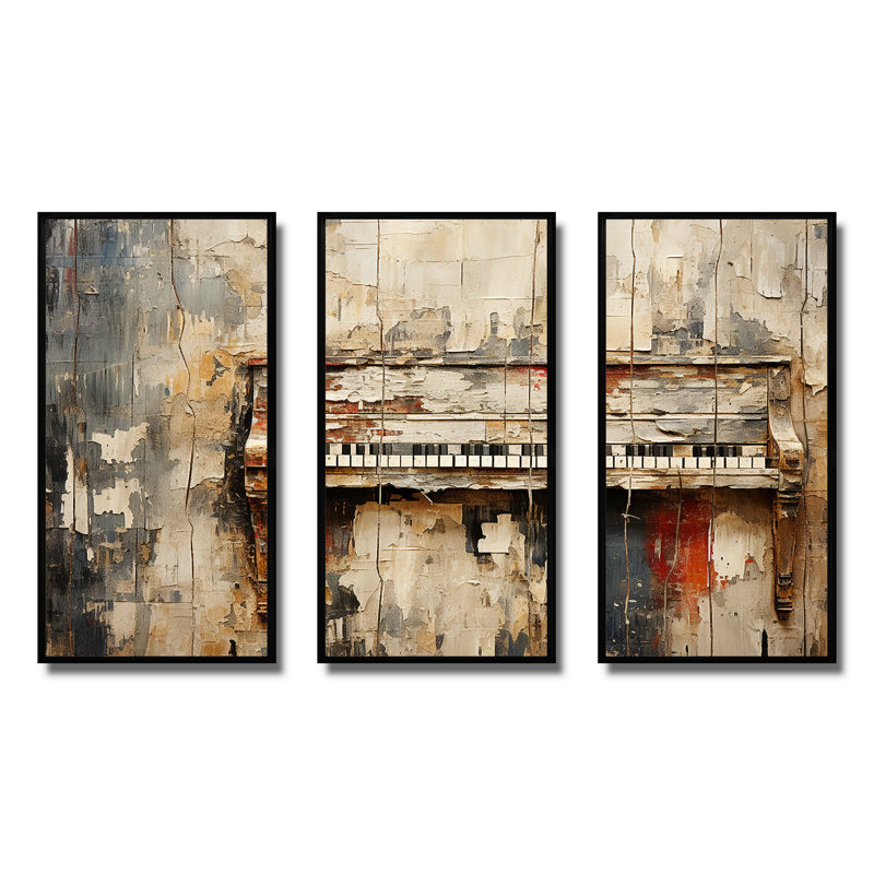 Rustic Brown Piano Melody I - Piano, art mural, H 28 po x l 36 po, Cadre flottant noir