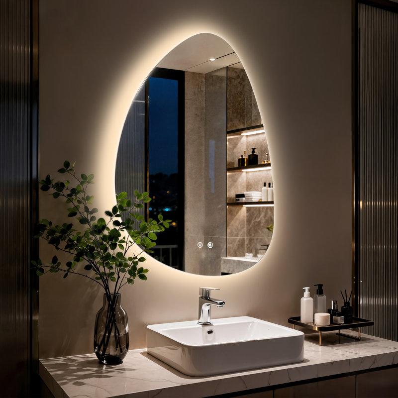 Asymmetrical Backlit Lighted Bathroom Mirror 3 Lighting Colors Defog 500X700Mm, 77 cm x 55 cm