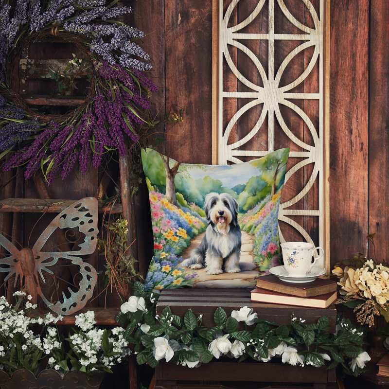 Spring Path Other/No Pattern Outdoor Throw Pillow, 14"H x 14"W, Bearded Collie