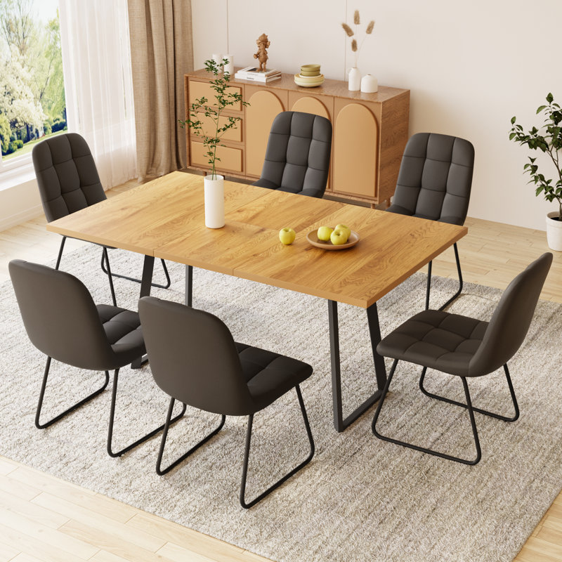 6 - Person Kitchen Dining Set, 47'' to 62'' Extendable Dining Table with 32.8"H Upholstered Dining Chairs, Space-saving Long Dining Table Furniture for 6 Person