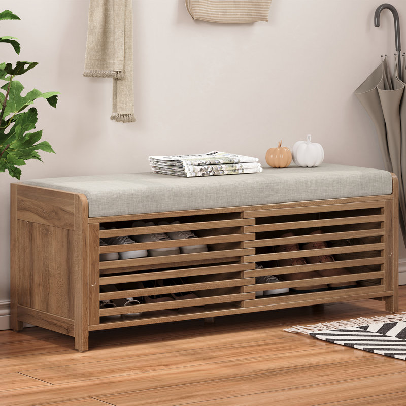 Banc à chaussures avec rangement et coussin, banc de rangement à volets vieillis avec charme rétro pour le salon, vestibule (blanc délavé)
