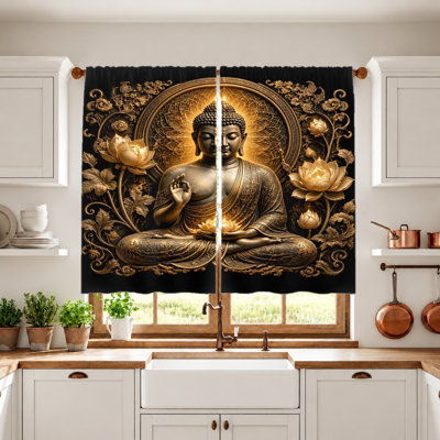 2Pcs Buddha Lotus Pattern Curtains, Light Filtering, Vintage Zen Style, Decorative Rod Pocket Drapes for Living Room, Bedroom, Meditation, Home Decor