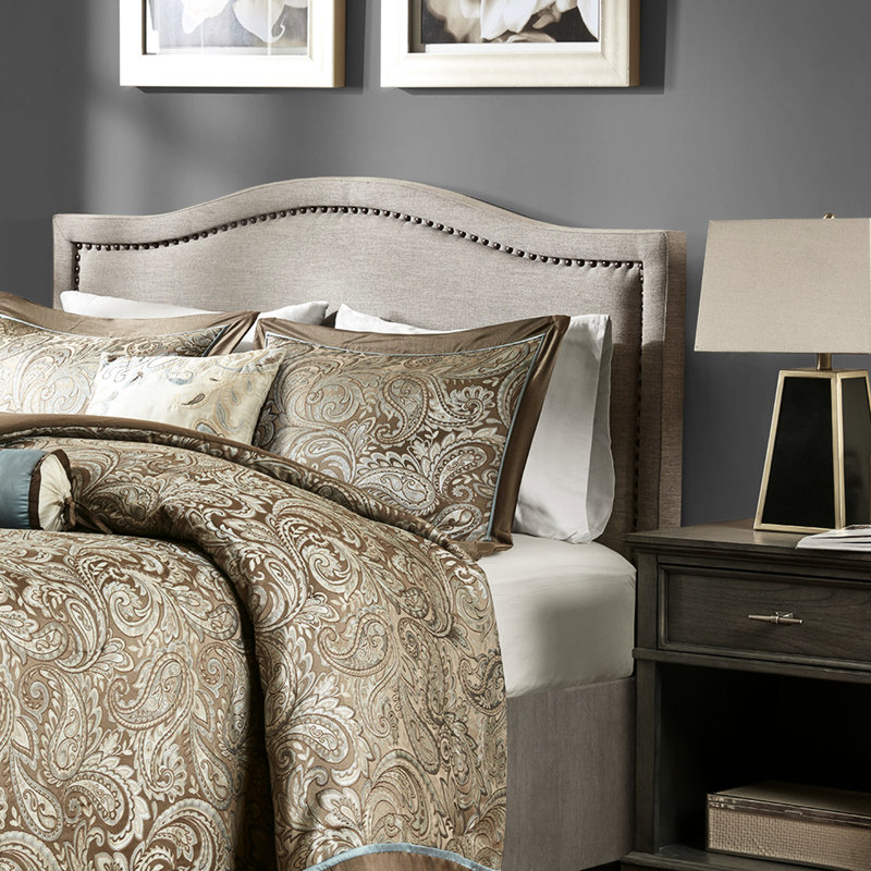 Queen Upholstered Headboard - Plywood Construction, Copper Nailhead Decoration, Adjustable Height For Bed Frame, 100% , Detailing