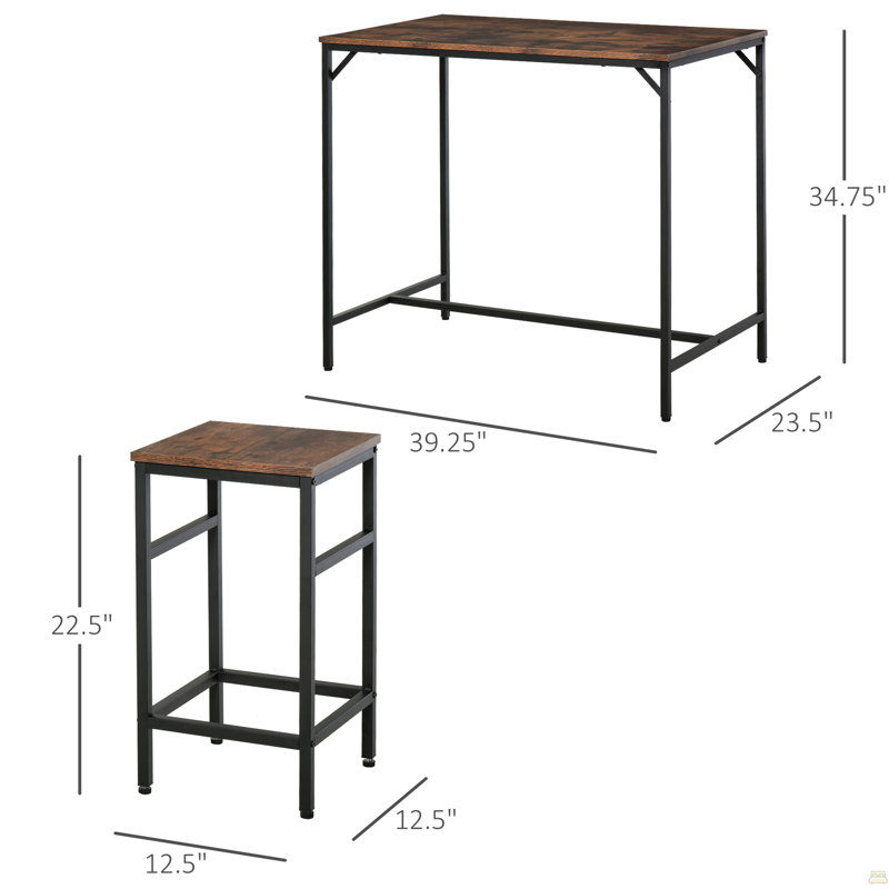 Ensemble de table de salle à manger industrielle 5 pièces, table de bar et 4 tabourets, noir / brun