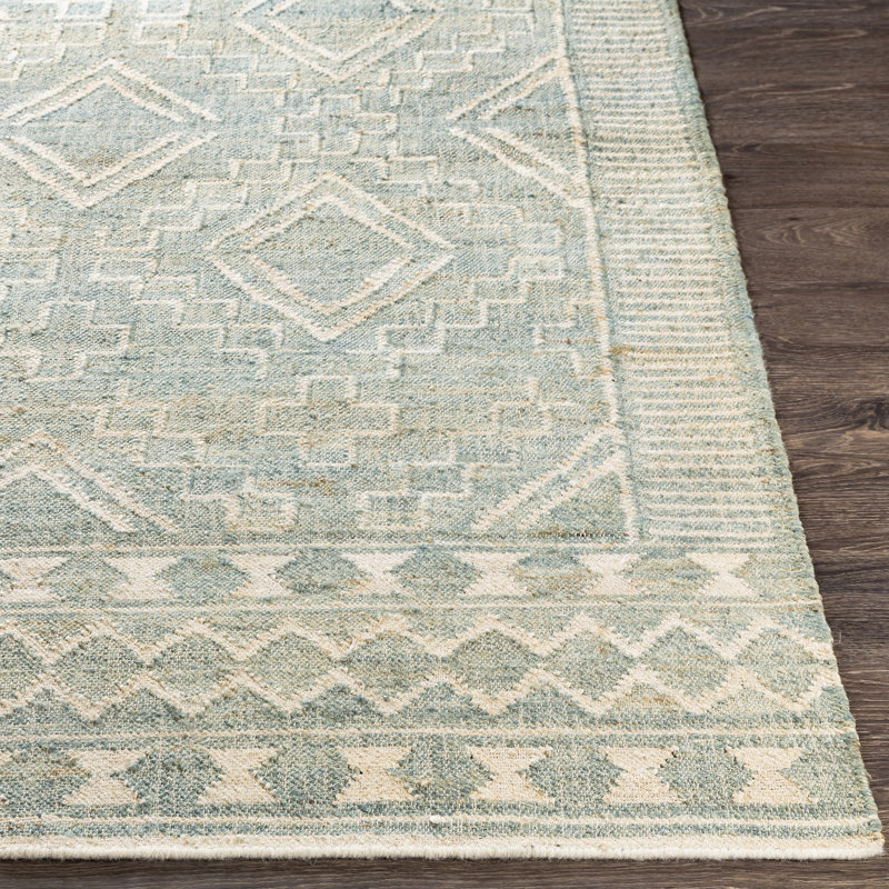 Tapis vert clair / beige en jute tissé à plat à la main Shaniya Southwestern, Rectangle 2 pi x 3 pi