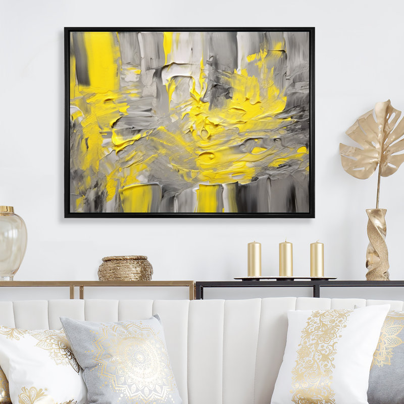 Moutarde jaune et gris vif IV - art mural abstrait encadré, H 24 po x l 32 po x P 1 po, Cadre flottant doré