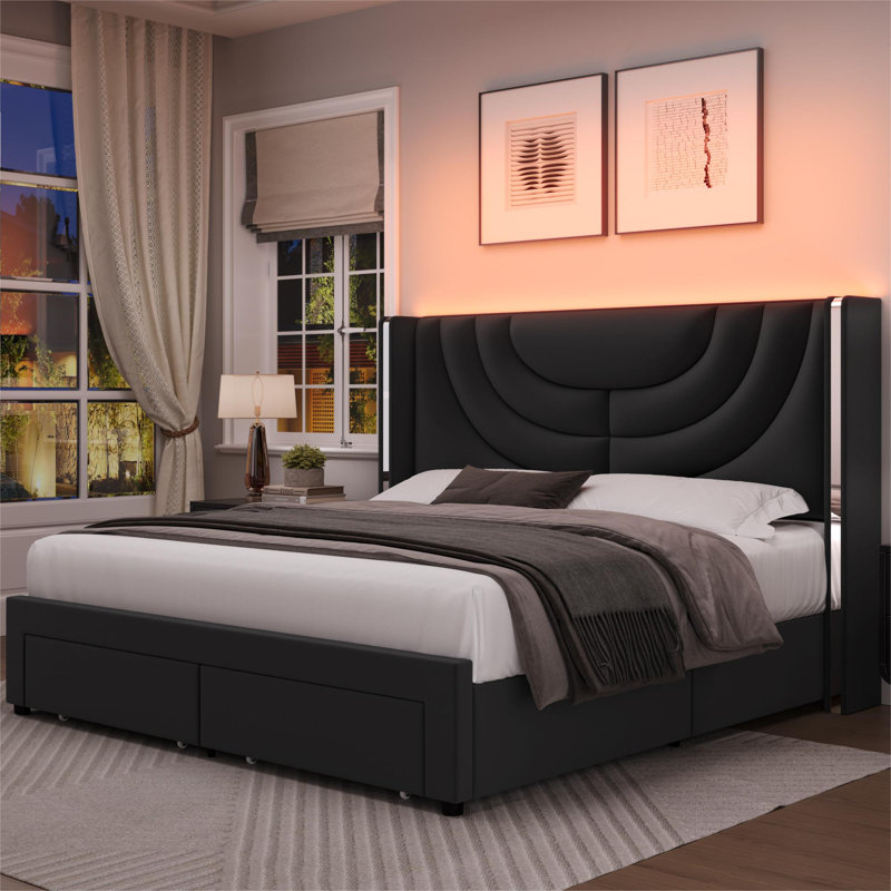 Sturminster Velvet Wingback Upholstered LED Light 2 Drawer Storage Bed, King, Black