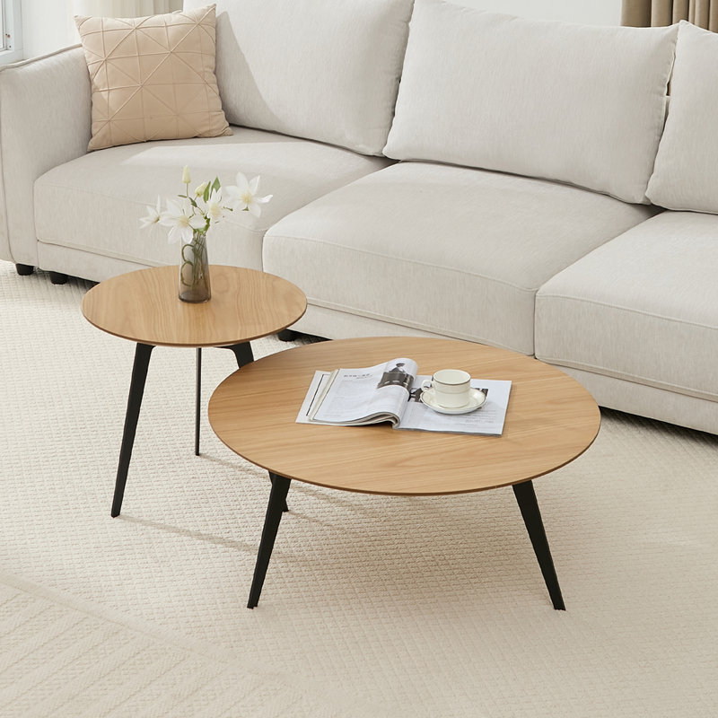 2 Piece Set Of Modern Round Coffee Table With Metal Leg For Living Room,End Side Tables For Bedroom Office Balcony Yard