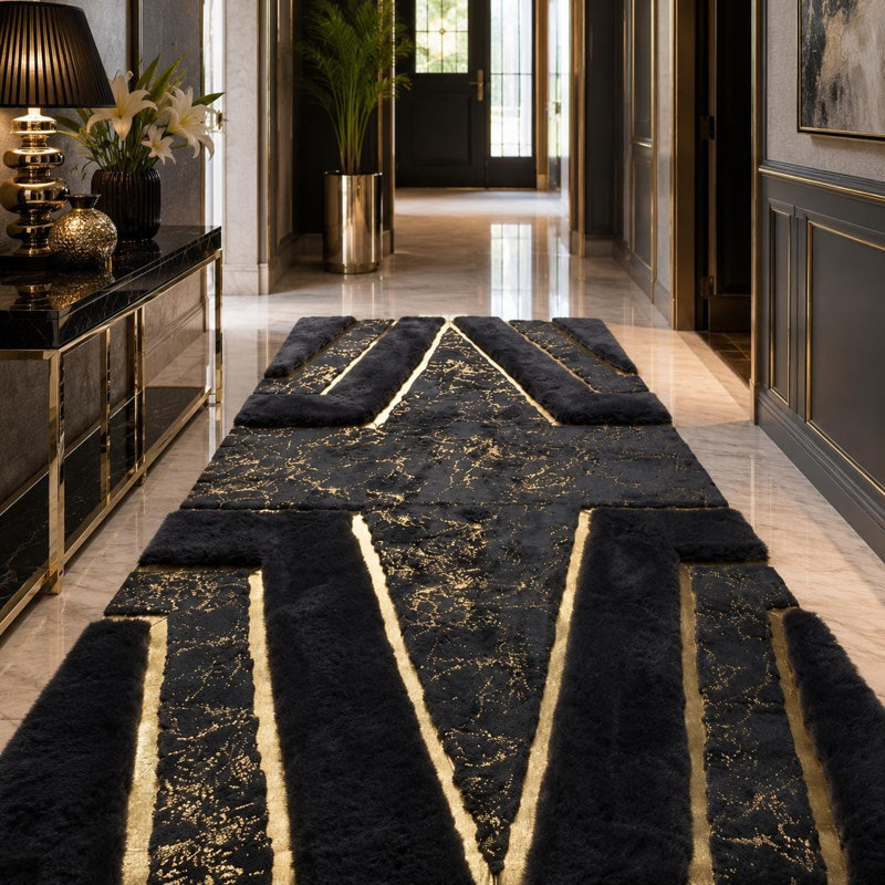 Tapis luxueux luxueux à motif géométrique noir doré, tapis moderne en fausse fourrure, tapis tendance, 5 x 8 ft