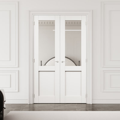 48" x 80" Half-Lite Clear Glass Interior French Door with Silver Hardware & Latch & Door Lever, Tempered Glass Door Slab with Safety, Paintable & Waterproof, Suit for Laundry, Closet Doors, Room Doors, Assembly Required