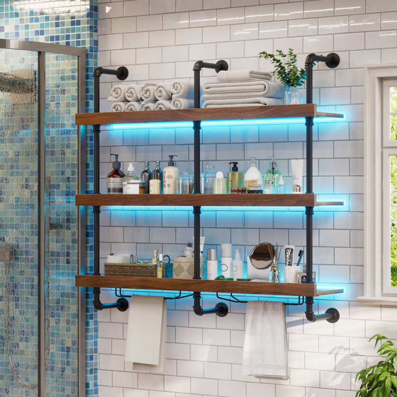 47.2” Wall Mounted Wine Rack With Led Light, Solid Wood Wall Mounted Wine Rack