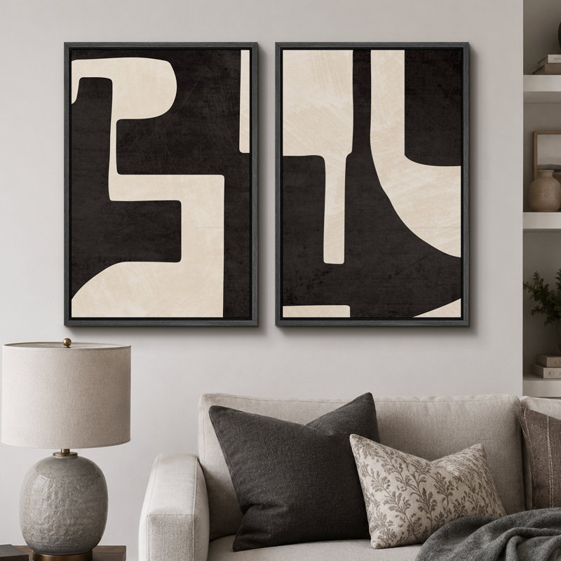Mid Century Shape "Modern Black & Cream Geometric Shape Artwork, Classy Abstract Neutral Wall Pictures, Framed Canvas Giclée Print 2 Pieces Wall Art" 16x24x2 pcs, 24x36x2 pcs