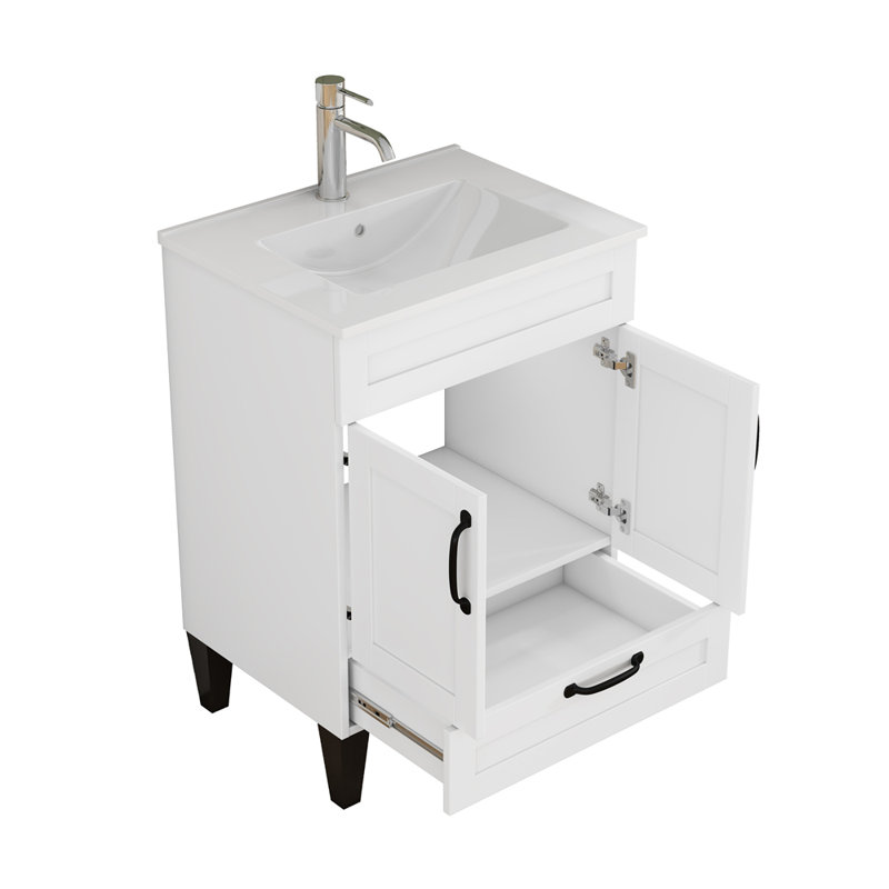 Meuble-lavabo de 24 po avec lavabo, armoire avec 2 portes et 1 grand tiroir, poignée en métal noir, pieds noirs, charnière à fermeture en douceur, armoire de salle de bain Mordern, assemblage facile