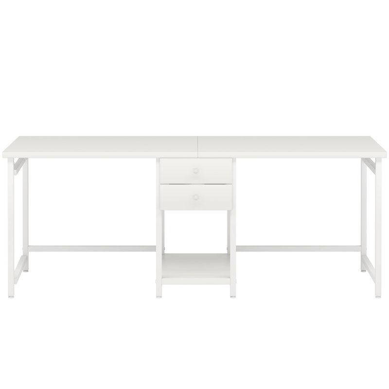 79-Inch Two Person Computer Desk With Drawers And Storage Shelves, Extra Long Double Workstation Table With Hooks, Industrial Writing Desk For Home Office, White