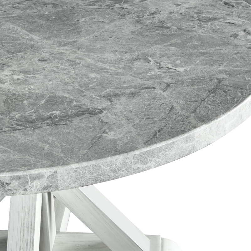 Amaryon Round Marble Top Solid Wood Base Dining Table, Gray Top/White Base
