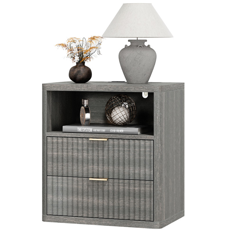 Valerica 2-Drawer Fluted Nightsatnd with Charging Station, Gray