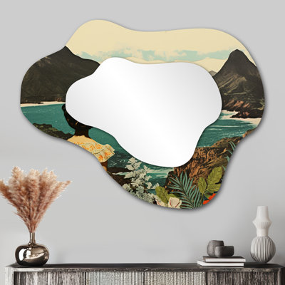 Vintage Mountain Lake View Tropical Flower Woman - Blue Cloud Decorative Mirror, Flowers Asymmetrical Wall Mirror, Printed Metal Art