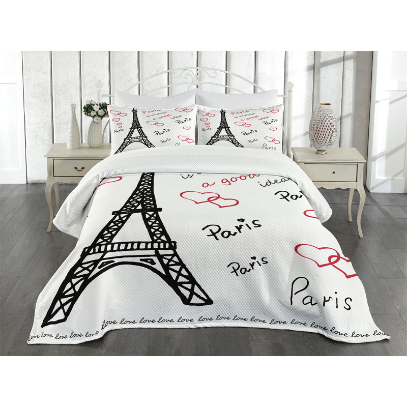 Ambesonne Eiffel Tower Bedspread Popular Paris Saying, King Bedspread + 2 Standard Shams