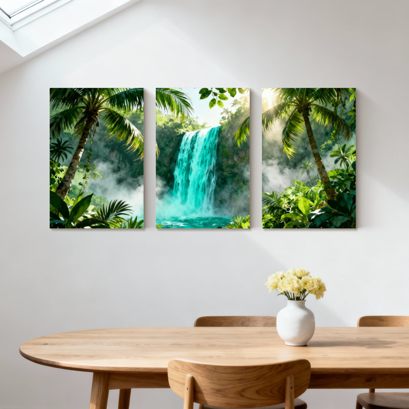 Paysage et nature, cascade tropicale, palmiers, jungle, verdure, réflexion, brume, ensemble de 3 impressions sur toile