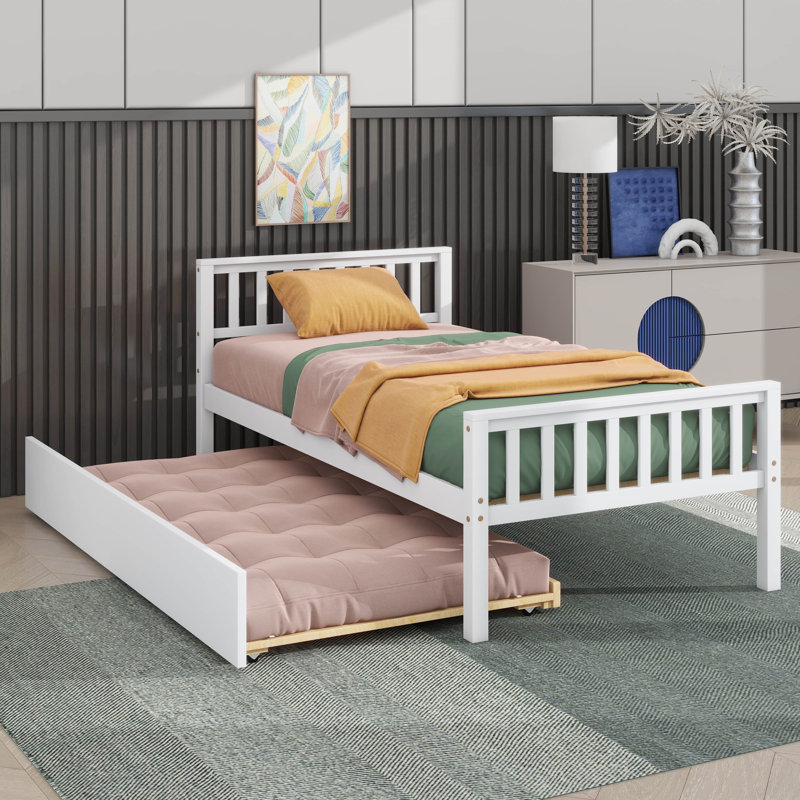 Structure de lit plateforme robuste avec lit gigogne extensible, Blanc