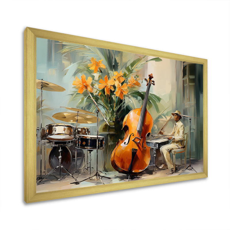Chello Jazz Rhythms - musique, impressions sur toile, Cadre d'angle fermé doré, H 16 po x l 32 po x P 1 po