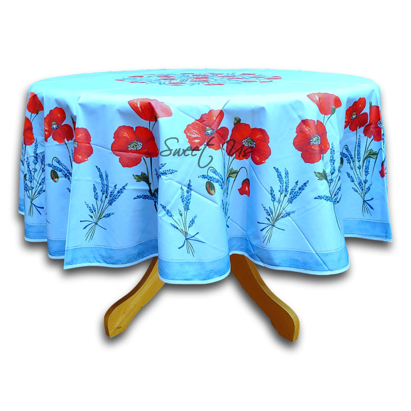 Wipeable Stain Resistant Acrylic Coated Cotton French Provencal Poppy Round Tablecloth, Blue