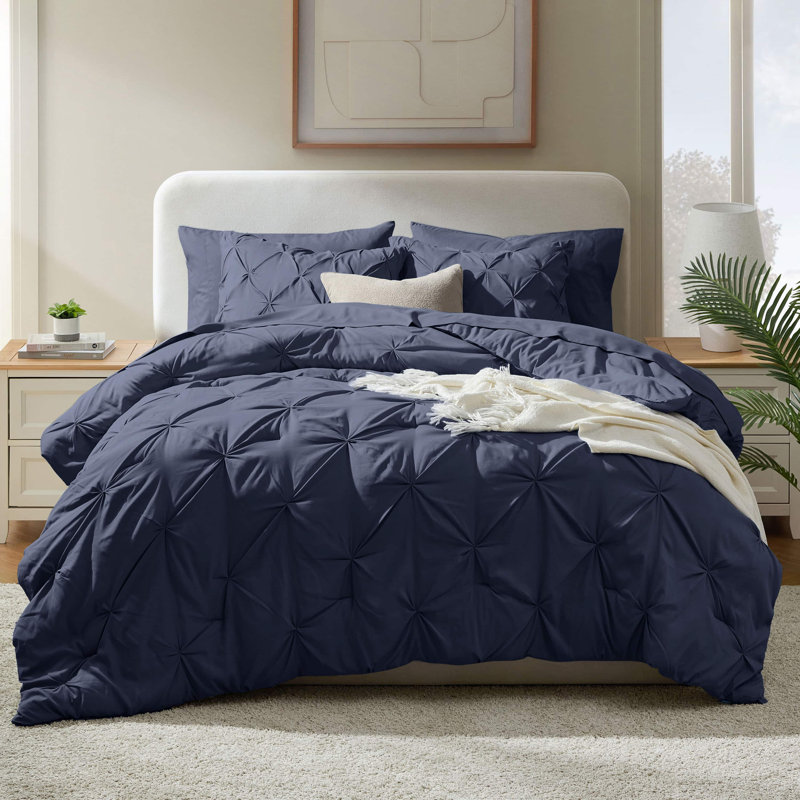 Bed-in-A-Bag Pleated Comforter Set with Bed Sheets, Navy, Full / Double Comforter + 6 Additional Pieces