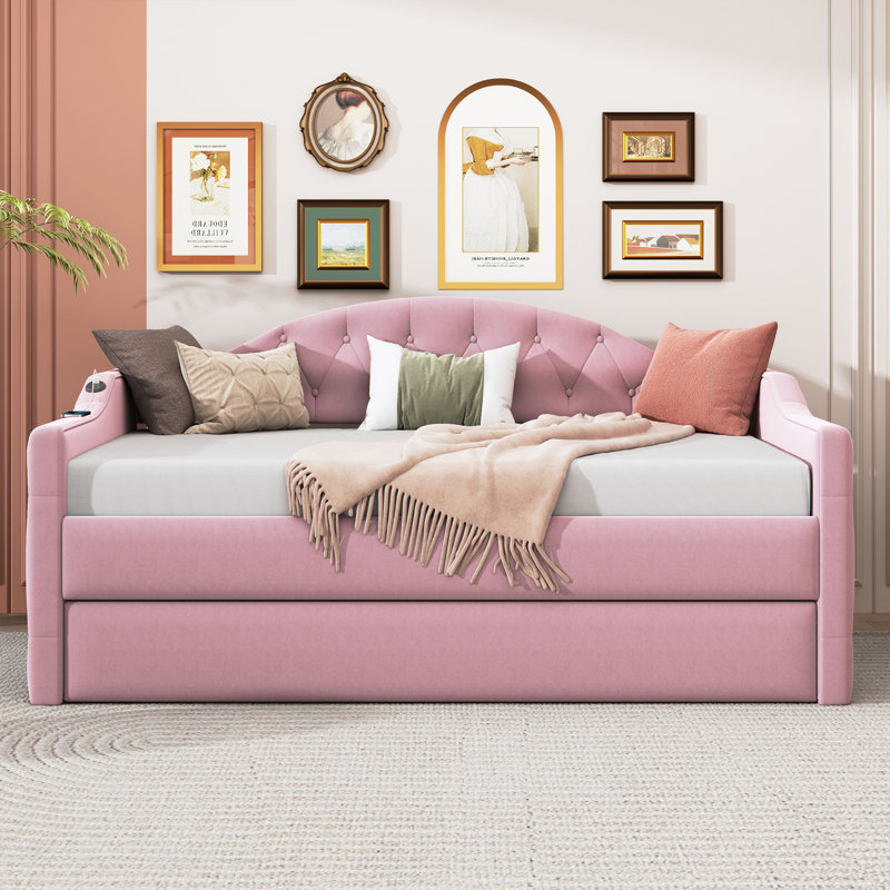 Twin Size Tufted Upholstered Motohiko With Trundle ,Velvet Sofabed With USB&Type-C Charging Ports, Pink