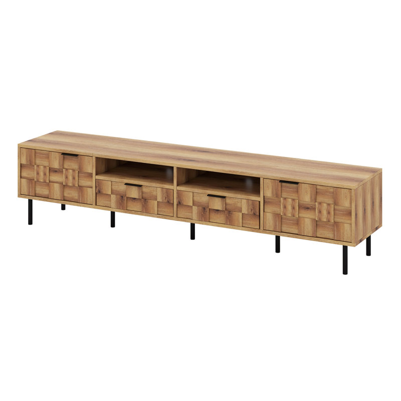 Meuble télé moderne avec rangement, console multimédia, meuble audio-vidéo Mid-Century avec armoires, tiroir et espace ouvert, pieds en métal
