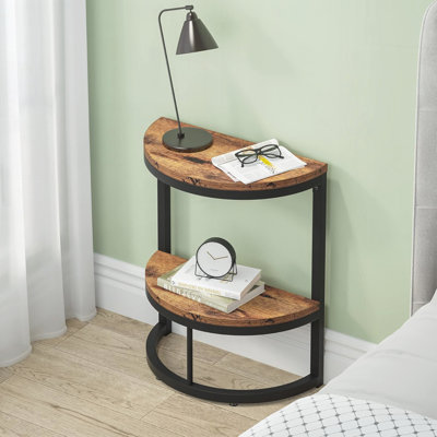 Table de bout demi-lune mince à 2 niveaux, table d'appoint rustique en bois avec tablette de rangement pour petits espaces, salon, chambre à coucher, assemblage facile