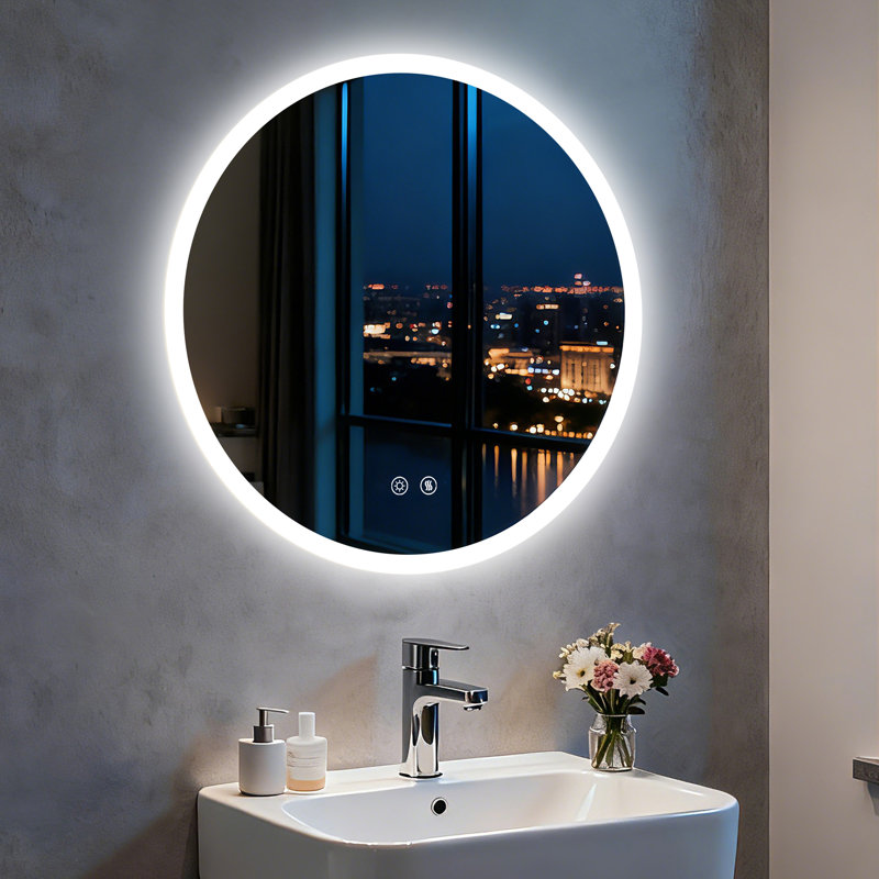 Round Lighted Wall Mounted Bathroom Mirror, 50 cm H x 50 cm W