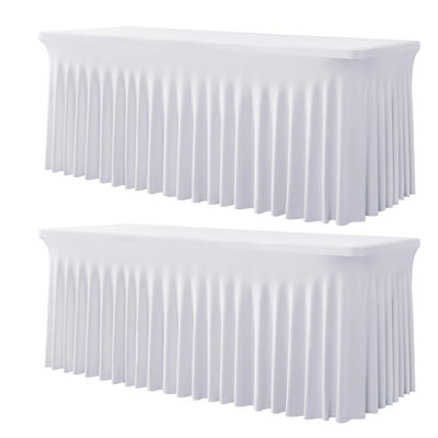 2 Pack 6 Foot Rectangle White Spandex Tablecloth Wrinkle Free Stretch Fitted Table Cover for Wedding Party Banquet Baby Shower Decor
