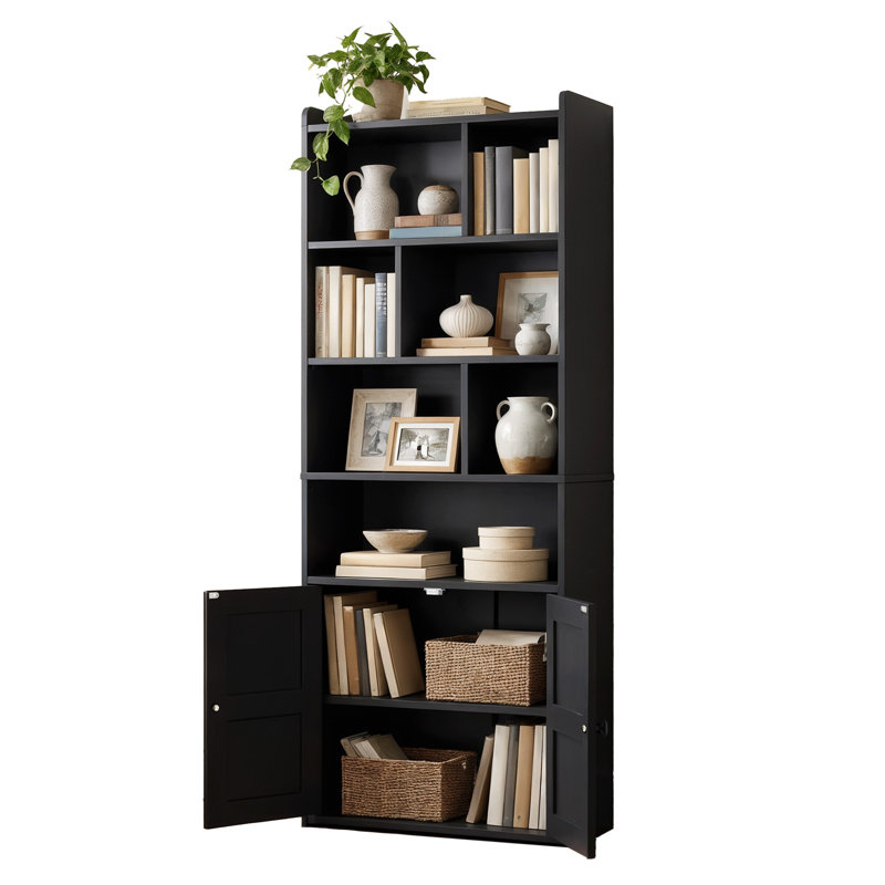 Bookcase With Open Cubbies & Cabinet, (6 Shelves) 158cm. H x 60cm. W x 30cm. D, Black