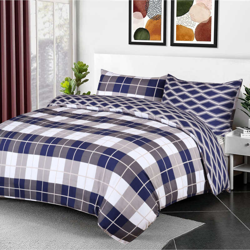 Microfiber Duvet Cover Set with Pillowcases Included, Kingsize Duvet Cover Set + 2 Pillowcases, 3, Navy Check