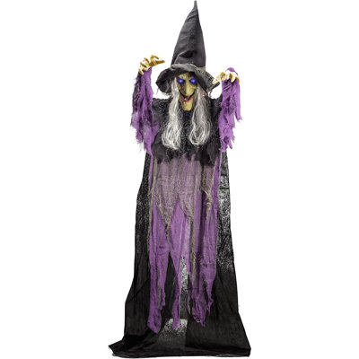 Décoration de sorcière suspendue d'Halloween, fantôme volant qui parle avec des yeux lumineux et une activation sonore, décoration de maison hantée effrayante