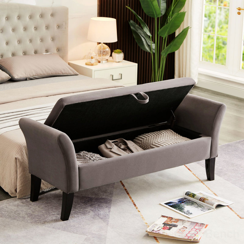 Velvet Upholstered Storage Bench, Gray