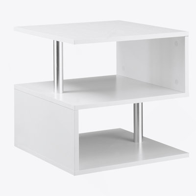 Modern End Table, Accent Side Table, S-Shaped Coffee Table With Storage Shelf And Steel Poles
