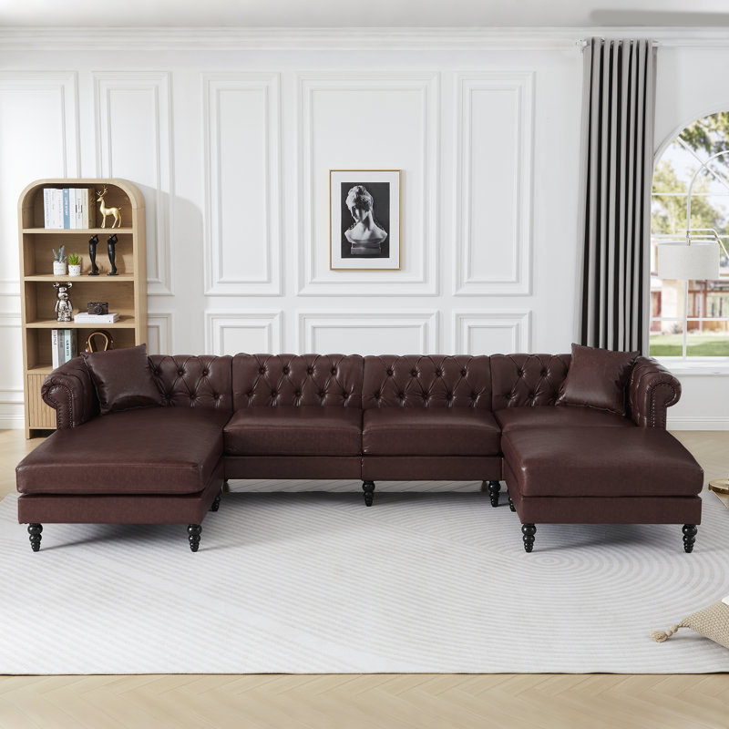 135.8" Wide Left Hand Facing Sofa & Chaise With Ottoman, Dark Brown Faux Leather