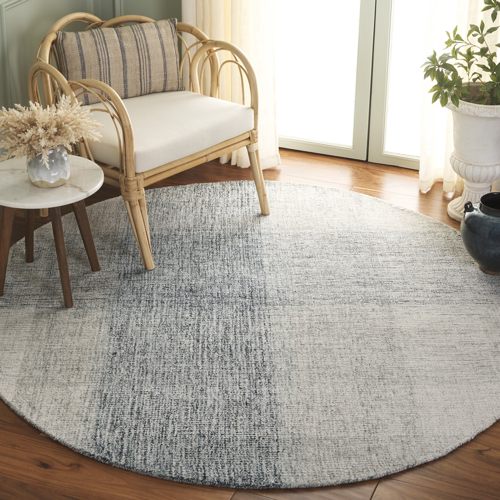 Gray Blue Hand-Tufted Geometric Wool Rug, Round 6'