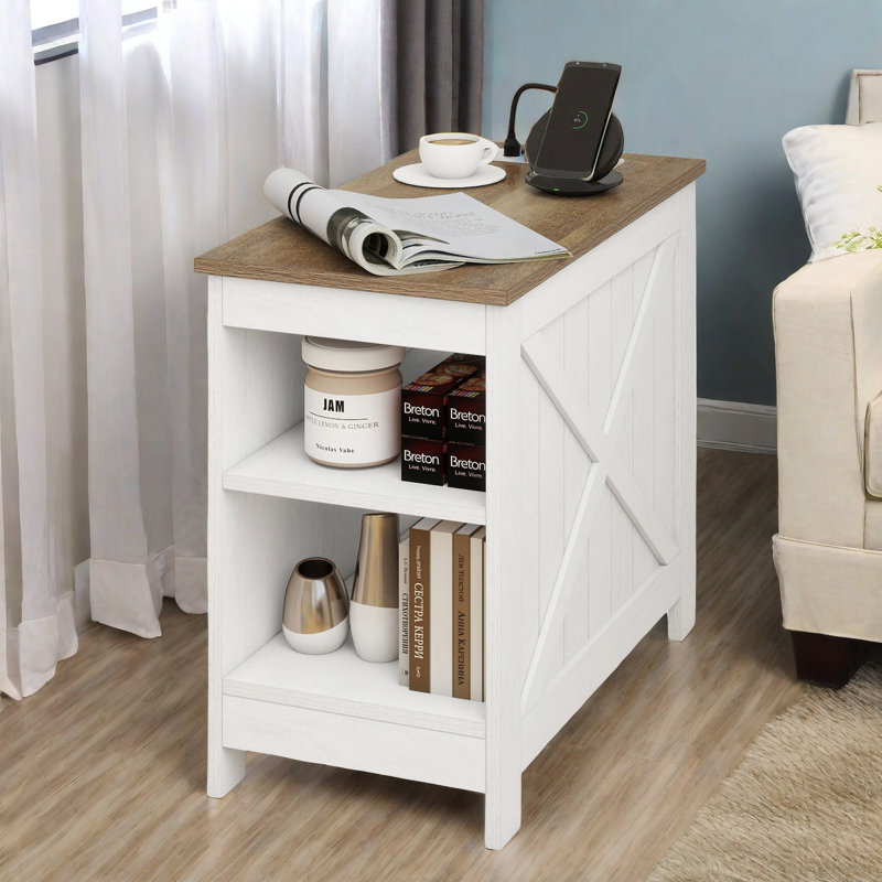 Dmitri Farmhouse End Table with Charging Station & Storage Shelf, White/Oak