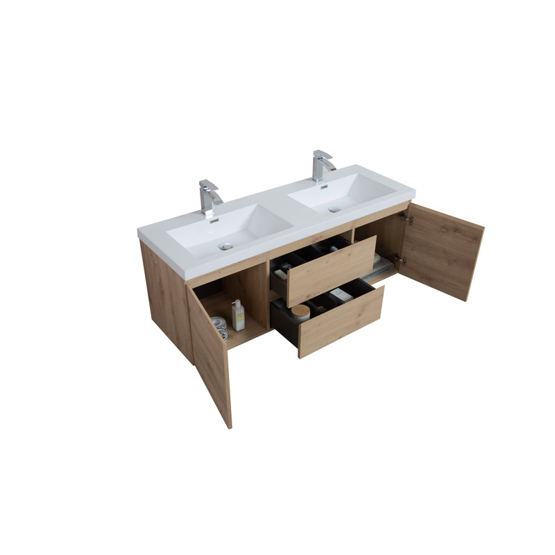 Meuble-lavabo flottant 60 po avec lavabo, meuble-lavabo mural moderne 60 po avec lavabo à surface solide et tiroirs à fermeture en douceur, blanc brillant CM-24V11-60SGW