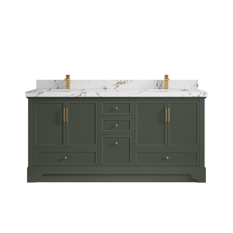 Meuble-lavabo double autoportant 72 po avec plateau en quartz Alys (option poignées)