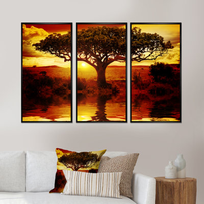 «Lonely Tree In African Sunset», ensemble de 3 reproductions d'art encadrées sur toile