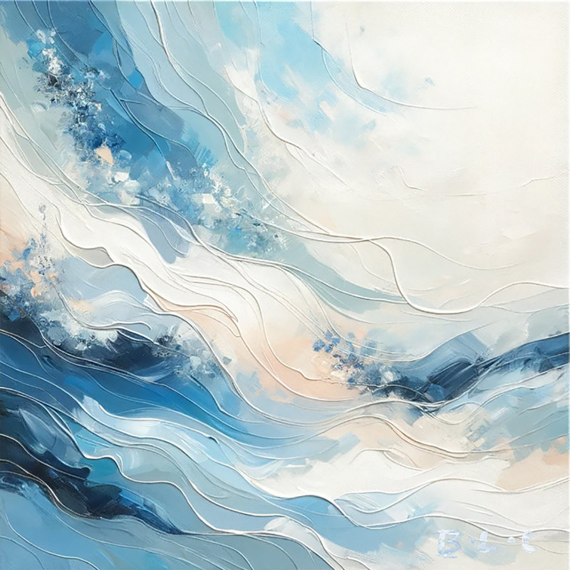«Seascape Serenade - Elegant Blue and Peach Abstract», reproduction d'art sur toile, H 30 po x l 30 po x P 1,5 po