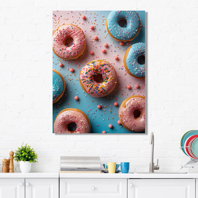 Délicieuse rose et bleue Sparkle Donuts II - nourriture, beignets, art mural, 20" H x 12" W, Black Picture Framed